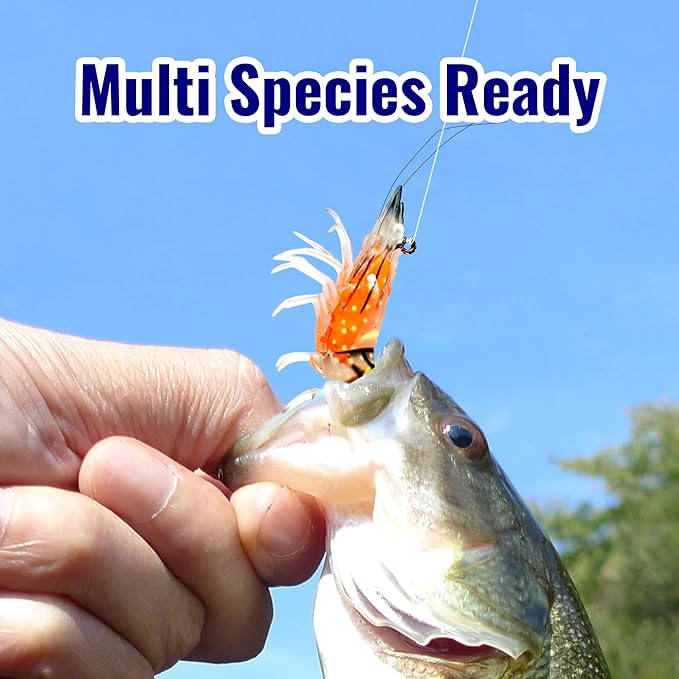 3Pcs Shrimp Fishing Lures for Saltwater and Freshwater Soft Bait Pre-Rigged Glow Eyes Lifelike Silicone Prawn Jig for Bass Trout Redfish Flounder Crappie Snook Walleye Fishing