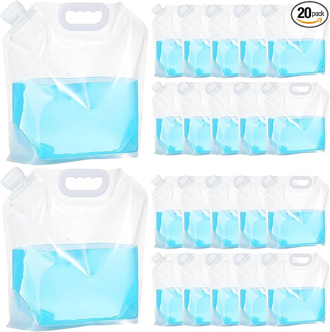 Zubebe 20 Pcs x 1.3 Gallon Collapsible Water Emergency Container Bag 26 Gallon Freezable BPA Free Food Grade Clear Plastic Storage Foldable Bottle for Camping Riding