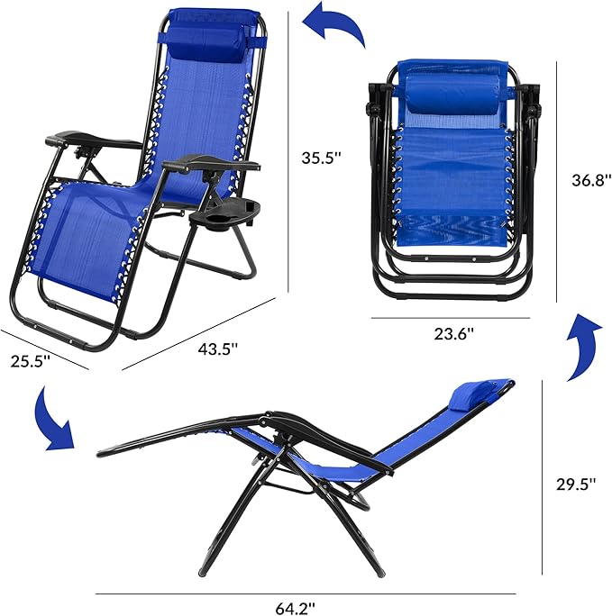 Zero Gravity Chair Set of 2 with Cup Holder & Removable Pillows, Adjustable Reclining Outdoor Patio Folding Chairs Portable Lounge Chair Furniture for Poolside, Lawn, Beach, Camping