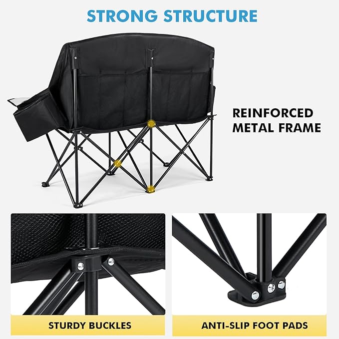 Double Camping Chair for Adults Outdoor Folding Chair with 2 Cooler Bags Support 500lbs Heavy Duty Camp Chair for Outdoor Sports Beach - Black&Grey