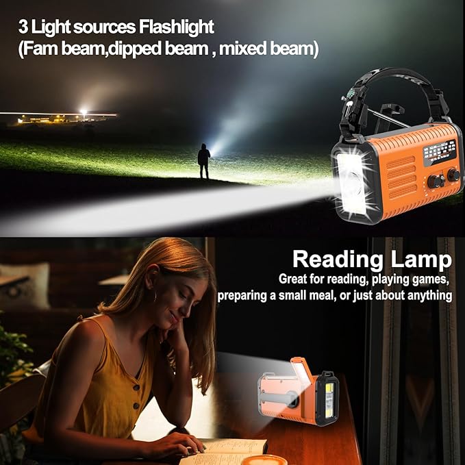 Emergency Crank Radio, Solar Hand Crank Weather Radio with AM/FM/NOAA, Survival Radios Battery Operated Flashlight Cell Phone Charger, Reading Lamp, Headphone Jack, Compass, SOS Alarm Home & Outdoor