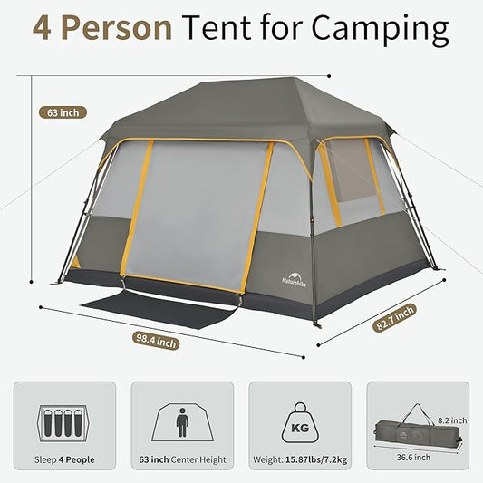 Naturehike Cape 4/6/8 Person Camping Tent, 60S Easy Setup Instant Tent Pop up Tent, Waterproof Large Tall 6/8 Person Tents for Camping, Car Camping