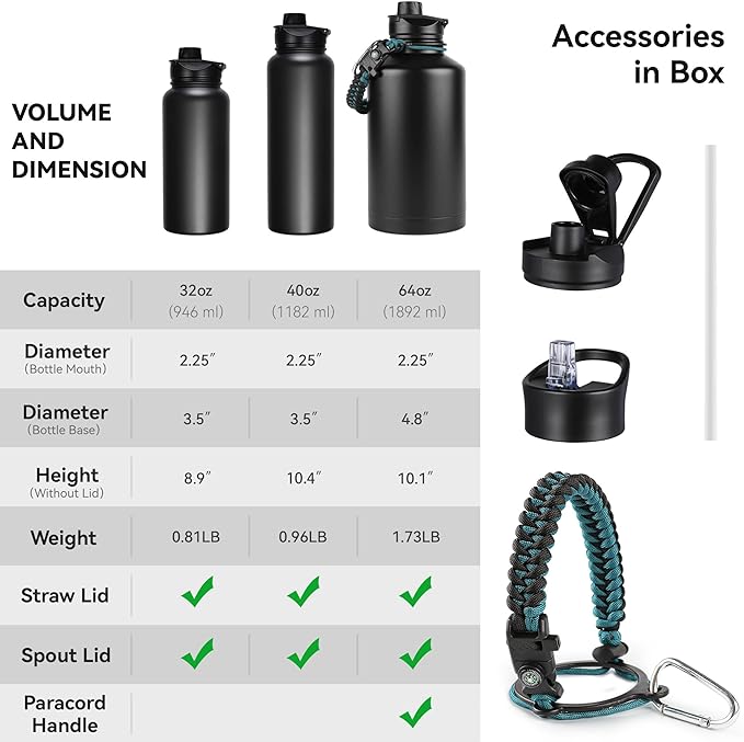 64 oz Insulated Water Bottle with Straw & Spout Lids, Stainless Steel Metal Half Gallon Water Jug with Paracord Handle, Double Wall Vacuum, Leakproof, Keep Drinks Cold & Hot, Army Green