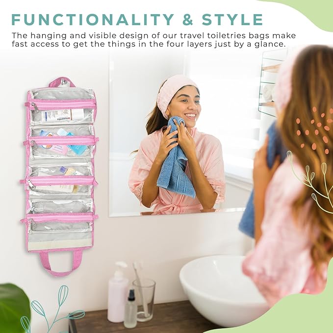 4-in-1 Hanging Toiletry bag - Roll-Up Makeup Bag - 4 Detachable PVC Zip Pouches – 600D Oxford Fabric, Versatile Travel Toiletry Organizer Bag - Makeup, Cosmetics, First Aid, Medicine Personal Care,