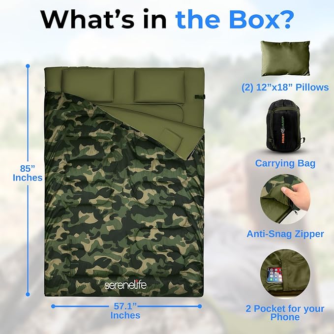 SereneLife Double Sleeping Bag with Pillows, Waterproof & Detachable for 2 Single Bags, Lightweight & Warm, Perfect for Camping, Hiking, Backpacking, and Cold Weather, Suitable for Temperatures 5-10°F