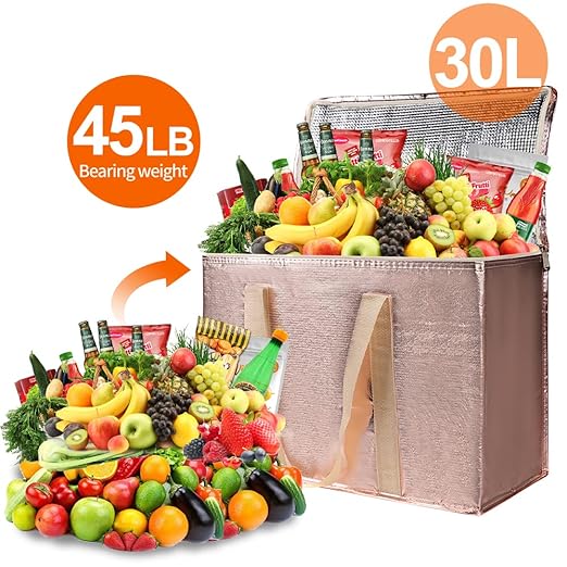 Bodaon 1-Pack Insulated Reusable Grocery Shopping Bags, X-Large Pizza Delivery Cooler Bag for Hot/Cold Food, Gold
