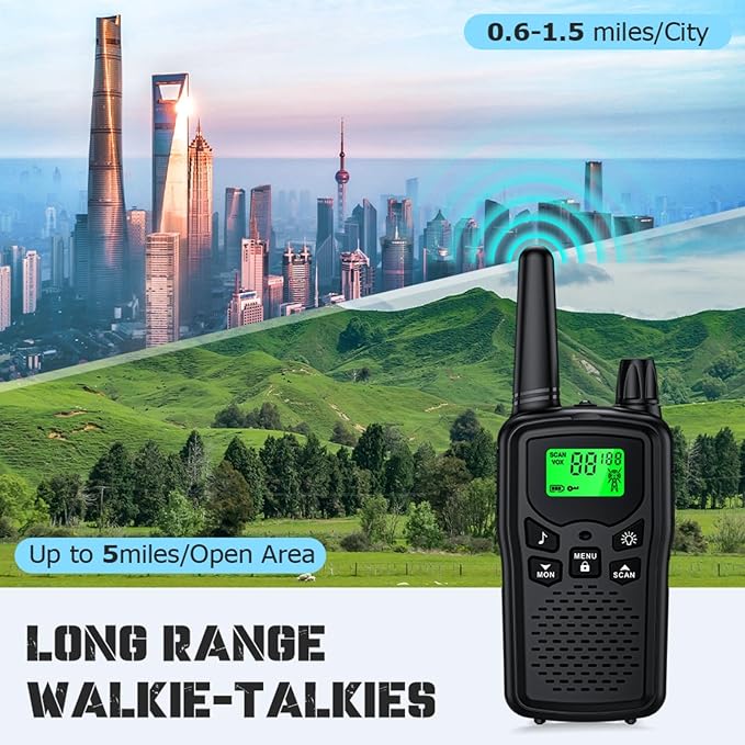 Walkie Talkie Long Range Walkie talkies with Rechargegable for Adults, 22 Channel FRS 2-Way Radios Walky Talky with LED Flashlight for Climbing, Camping Trip and Family Emergency Kit(2 Pack Black).