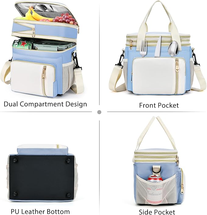 Lunch Box & Lunch Bag for Women, Large Insulated Adult Lunch Box Leakproof Lunchbox Cooler Bag for Work Picnic Beach,16L, Sky Blue & White