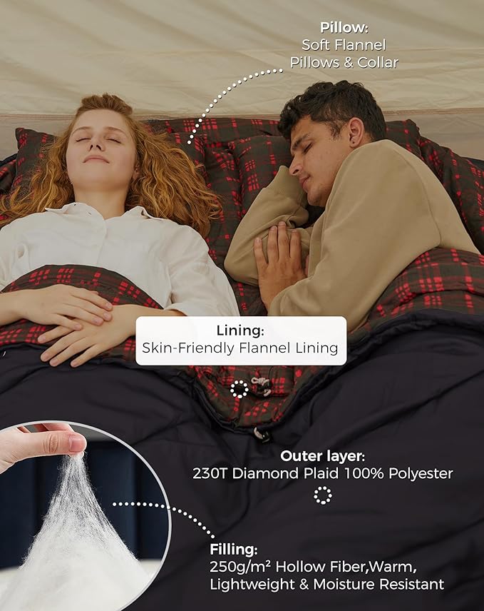 KingCamp Double Sleeping Bag for Adults, Queen Size 2 Person XXL Flannel Sleeping Bag, Waterproof Lightweight Flannel Quilt with 2 Pillows, Perfect for Couples Family Camping Hiking