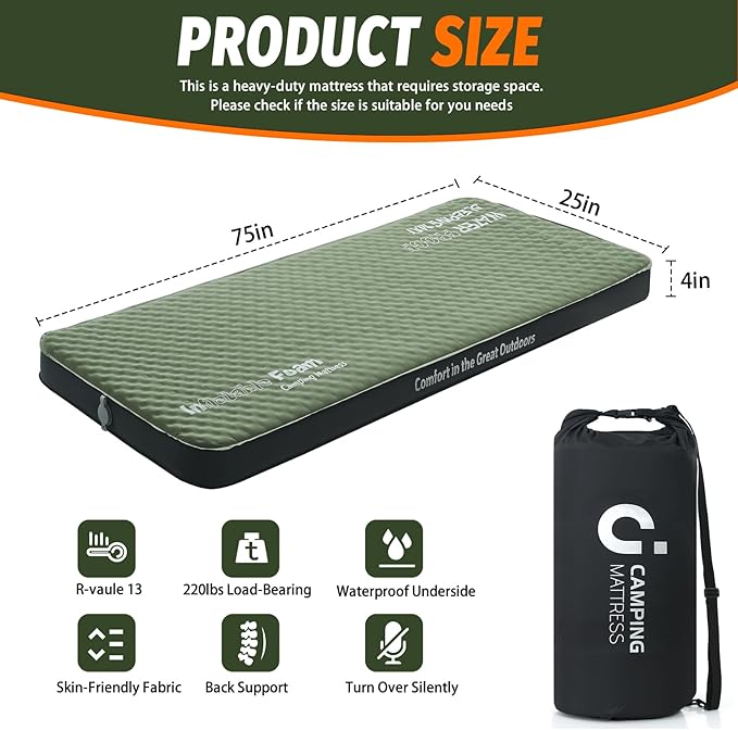 Self Inflating Sleeping Pad, 4in Ultra-Thick Foam Camping Mattress with Air Pump Sack Small Single, Sleeping Mats for Adults Inflatable Camping Pad, Single Bed, Travel, Car, Tent, Home, Army Green