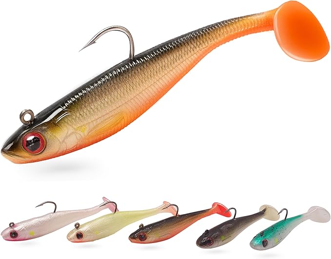 3 1/2" Pre-Rigged Jig Head Fishing Lures Pack of 5 - Soft Plastic Paddle Tail Swimbait with Hook for Freshwater and Saltwater