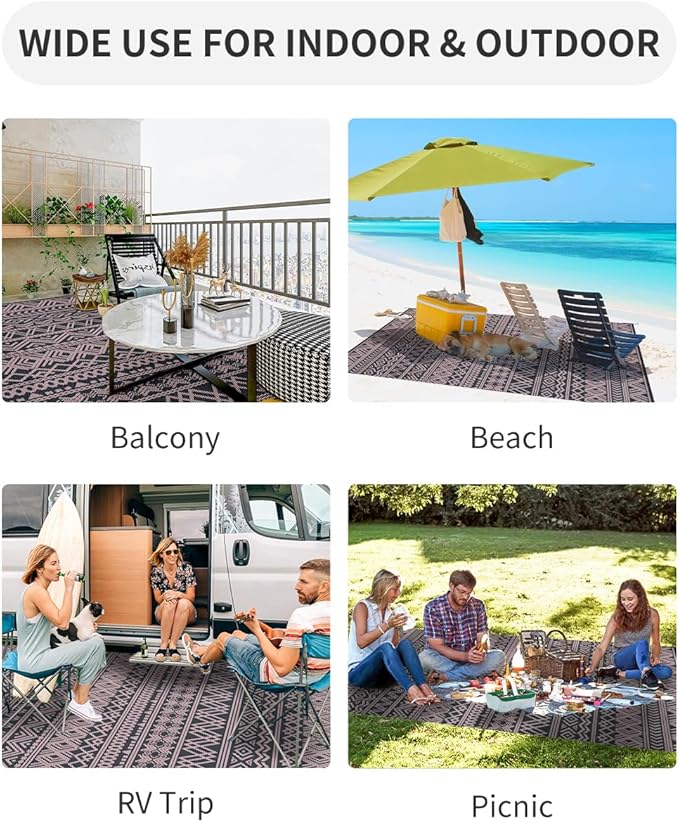 MontVoo Outdoor Rug Carpet Waterproof 6x9 Outdoor Patio Rug Mat Reverisble Plastic Straw Outdoor Rug for RV Camping Picnic Beach Balcony Boho Pink Grey
