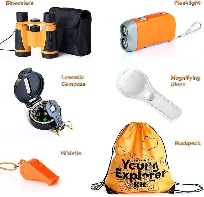 Outdoor Adventure Kit for Kids: Binoculars, Compass, Magnifying Glass & Flashlight. 3-12 Year Old Boys & Girls