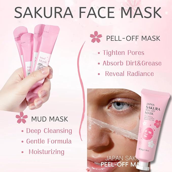 Skincare Kit Sakura Teen Girls Gifts - Skin Care Set Travel Size Toiletries - Sakura Skin Care for Teens 10-12 Hydrating - Teen Facial Kit Gift Set for Women with Bunny Headband(12PCS)