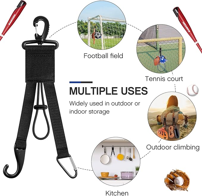 Deekin 10 Pcs Baseball Softball Gear Hanger 3 in 1 Dugout Organizer Baseball Bat Holder with Glove Clip and Helmet Hook for Softball Fence Bag Water Bottle Hiking Camping