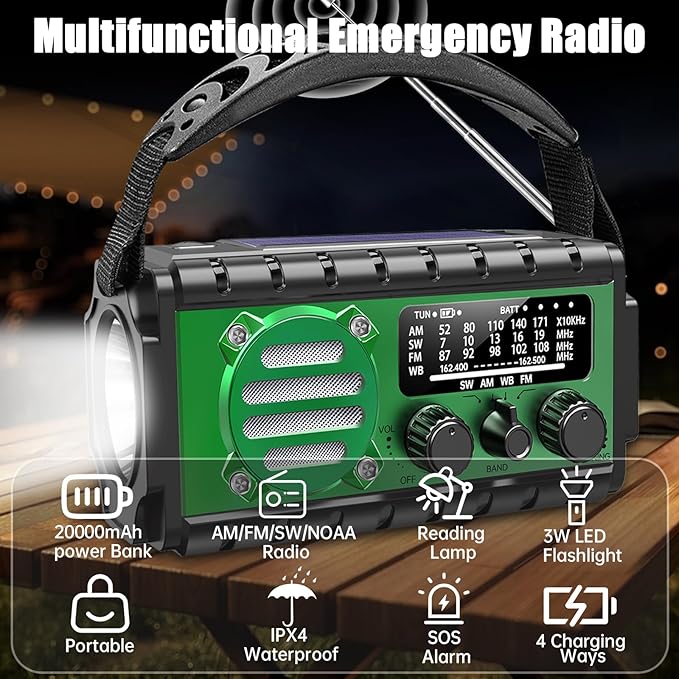 20000mah Emergency Radio, SW/NOAA/AM/FM Weather Radio, Solar Powered Hand Crank Chager with Bige Batery Powered,Portable,Cellphone Charge,SOS,Flashlight for Emergency/Home