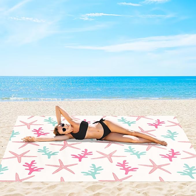 Beach Blanket Waterproof Sandproof Oversized, 9X10 Ft Extra Large Beach Mat Sand Free, Lightweight Compact Foldable Picnic Blankets w/ 4 Stakes & Pockets for Camping, Travel, Beach Vacation Essential