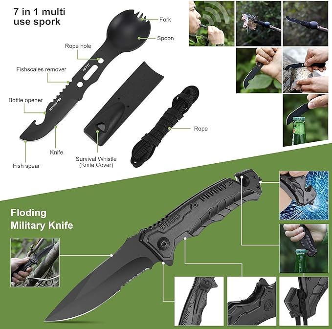 Survival Kit, 32 in 1 Professional Emergency Survival Gear Equipment Tools First Aid Supplies with Molle Pouch Gifts Ideas for Men Families SOS Tactical Hiking Hunting Disaster (Green)