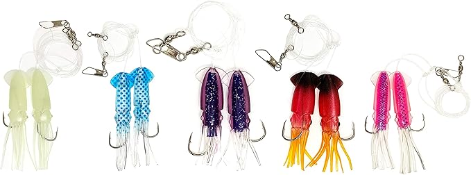 Ling Cod Squid Rigs, 10 Pcs 5 Colors with Luminous Skirts, for Deep Sea Saltwater Fishing, Ideal for Lingcod, Rockfish, Halibut & Bottom Fishing