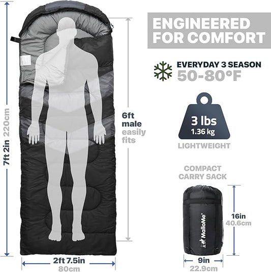 MalloMe Sleeping Bags for Adults Cold Weather & Warm - Backpacking Camping Sleeping Bag for Kids 10-12, Girls, Boys - Lightweight Compact Camping Essentials Gear Accessories Hiking Sleep Must Haves