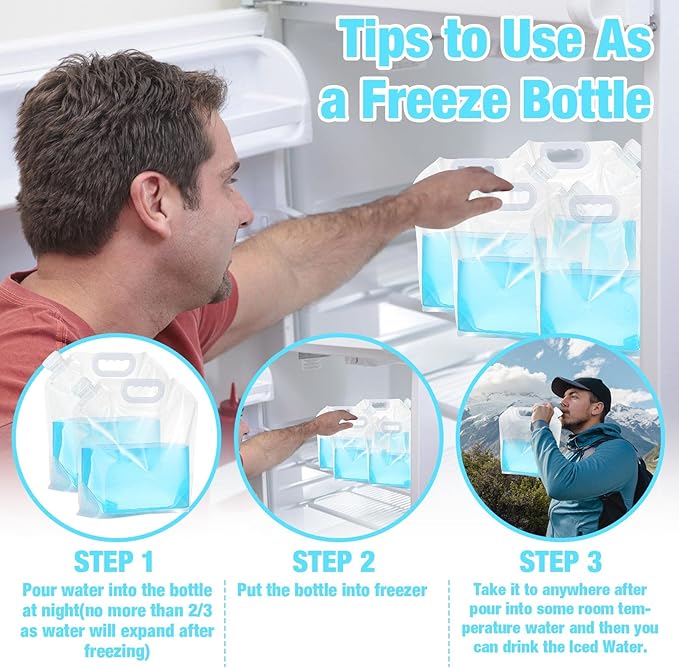Zubebe 20 Pcs x 1.3 Gallon Collapsible Water Emergency Container Bag 26 Gallon Freezable BPA Free Food Grade Clear Plastic Storage Foldable Bottle for Camping Riding
