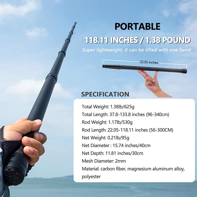 9ft/11.15ft Extra Long Fishing Net with Telescoping Handle, Carbon Fiber Extendable Landing Net, Dip Net for Fishing, Crab nets for Crabbing, Rubber Coated Netting, Holds up to 20lbs
