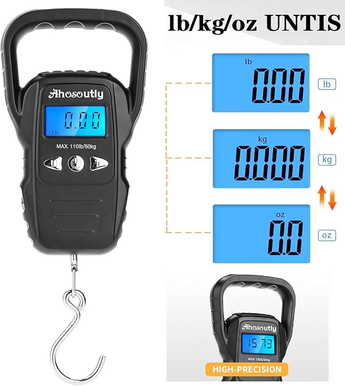 Fish Scale,110lb/50kg Large Handle,Large Backlit LCD Display,Digital Fish Scale with Built-in Measuring Tape, Fishing Gifts for Men,Black…