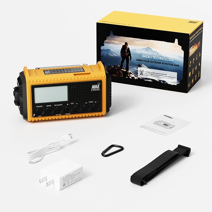 12000mAh NOAA Emergency Weather Radio, Hand Crank Emergency Radio Portable AM FM Shortwave, Solar Rechargeable Battery Powered with USB-C Charger & Adapter, SOS Alert Flashlight for Outdoors