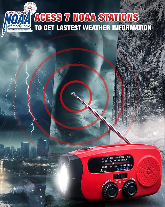 Hand Crank Emergency Radio - 2000mAh/7400mWh AM/FM/NOAA Solar Hand Crank Emergency Radio with 3 LED Flashlights, SOS Function for Emergencies, Camping - Red