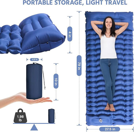 Sleeping Pad for Camping -Ultralight Inflatable Sleeping Mat with Pillow, Built-in Foot Pump, Compact & Lightweight Camping Mattress Pad for Camp, Backpacking, Hiking, Travel Tent (Blue)
