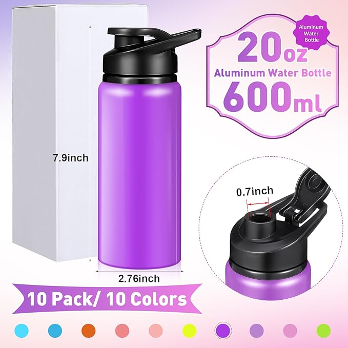 10 Pieces 20oz Reusable Aluminum Water Bottles Bulk Multicolor Outdoor Sports Water Bottles for Travel, Gym, Hiking, Cycling, Camping, Fishing, Snap Lid(Macaron Color)