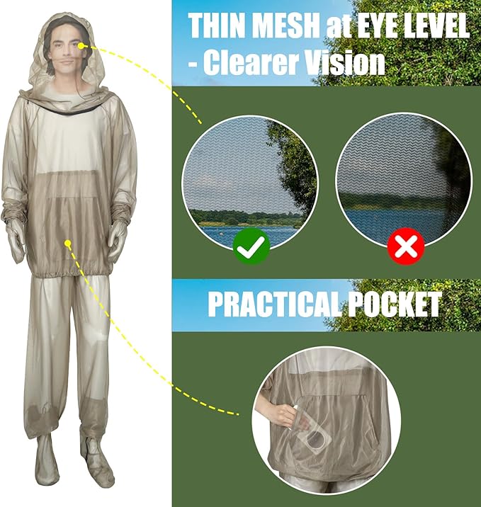 4-Piece Net Suit S/M, Full Body Jacket with Zippered Hood, Pants, Gloves & Foot Covers, Thickened Breathable Mesh, Adjustable Fit for Men & Women, Lightweight for Outdoor, Camping, Fishing & Gardening