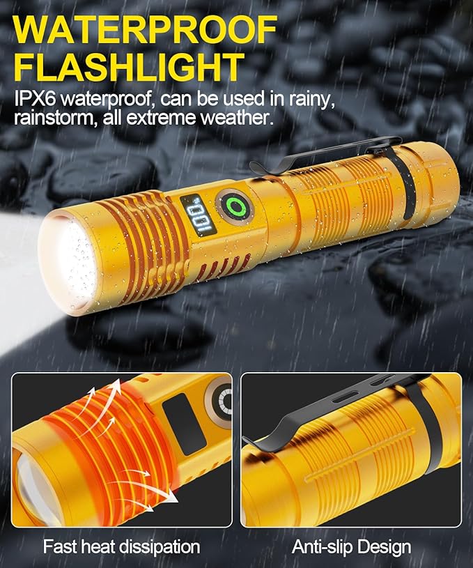 Rechargeable Flashlight High Lumens-12000LM Super Bright Magnetic Flash Light with Power Digital Display,3280Ft Long Range,Dimmable,Waterproof,Pocket LED Flashlights for Emergency Camping 2PC Gold