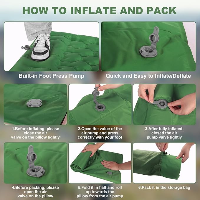 MINGPINHUIUS Camping Sleeping Pad with Pillow: Extra Thick 4.7 Inch Ultra-Light Self Inflating Air Mattress, Lightweight Compact Inflatable Sleep Mat for Backpacking, Hiking, Tent (Olive Green)