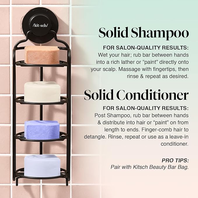 Kitsch 4pc Sampler Solid Shampoo and Conditioner Set - Rice Bar & Castor Oil Shampoo and Rice Bar & Coconut Oil Deep-Moisturizing Hair Conditioner, Zero Waste