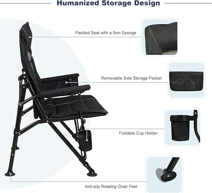 Outdoor Folding Camping Chair Heavy Duty Movable High Back Collapsible Padded Chair with Storage Bag for Outside Camping Activities, Black