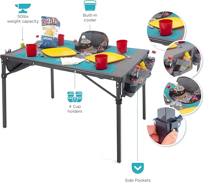 Creative Outdoors Folding Table with Built-in Cooler - Outdoor Portable Camping Table with 4 Cup Holders and Durable Steel Frame - Quality Material (Teal/Gray)