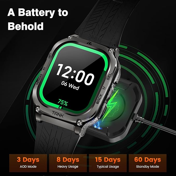 AMAZTIM Smart Watch, 60 Days Extra-Long Battery, 5ATM Waterproof Swimming Diving, Full Metal Military Grade, Answer/Make Call, 2" AMOLED Display, Health Monitor Compatible for iPhone and Android
