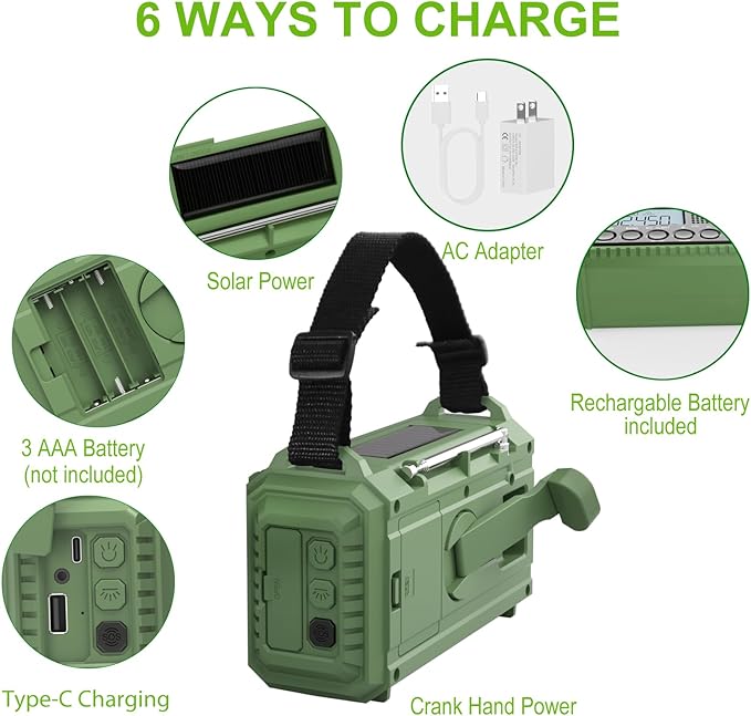 Raynic Emergency Radio, 12000mAh/44400mWh Battery Operated Weather Radio, Solar Hand Crank Radio with AM/FM/SW/NOAA Alert, Cell Phone Charger, Type-C Charging, Flashlight and SOS Siren