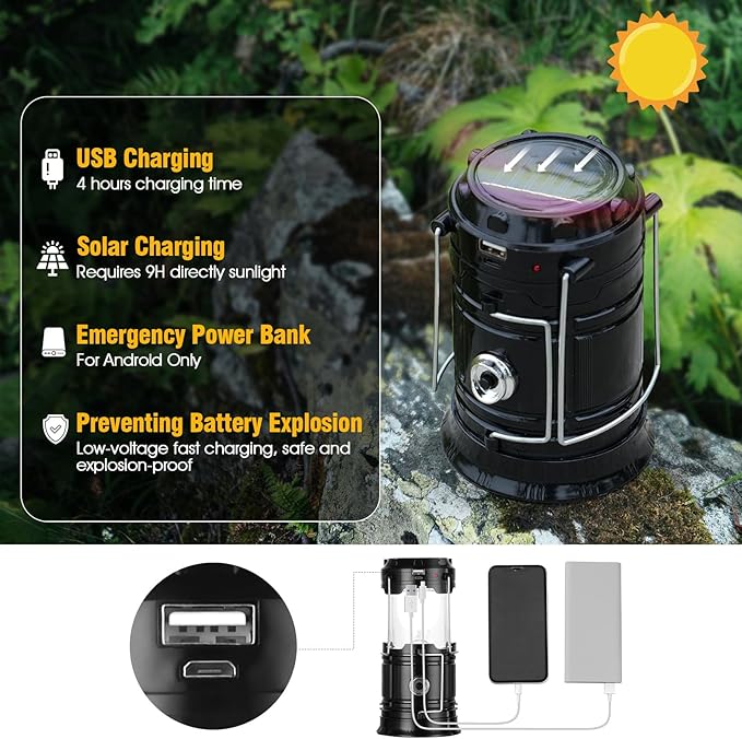 Solar Camping Lantern for Power Outages - USB Rechargeable Lamp Camping Essentials,Collapsible Waterproof Solar Lights for Indoor Outdoor Emergency Light/2 Packs