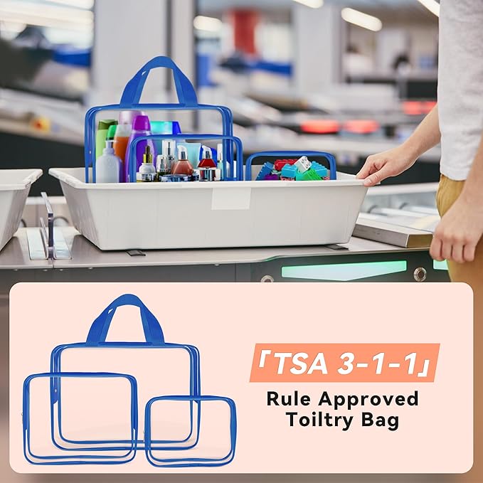 TISRATOK 10 PCS Clear Travel Makeup Toiletry Bag, Plastic PVC Cosmetic TSA Approved Organizer Kit with Zipper Handbag(Blue)