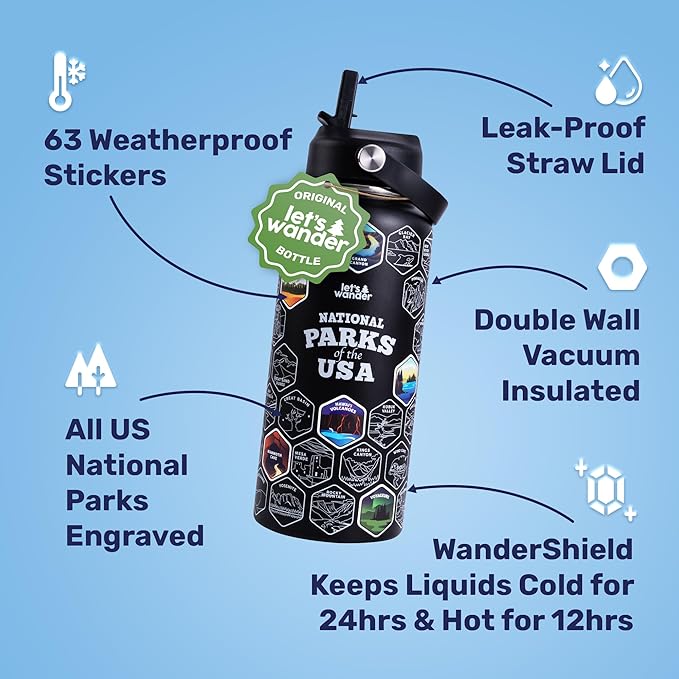 LET'S WANDER National Parks Water Bottle with 3 Lids & 63 Waterproof Stickers - 32oz Leakproof Insulated Stainless Steel with Straw - USA Hiker Gift Bottle (Black)