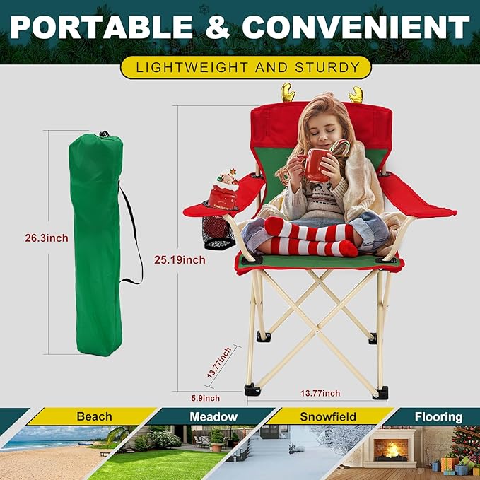 YOUNG WOOD Portable Camping Chair Beach Chair Outdoor Foldable Chair, Included Mesh Cup Holder & Safety Lock to Avoid Pinch Hand, Suitable for Christmas, Camp, Party, with Carrying Bag, Ages 2 to 7