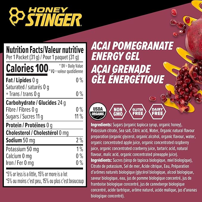 Honey Stinger Organic Acai Pomegranate Energy Gel, Gluten Free & Caffeine Free, for Exercise, Running and Performance, Sports Nutrition for Home & Gym, Pre and Mid Workout, 24 Pack, 26.4 Ounce