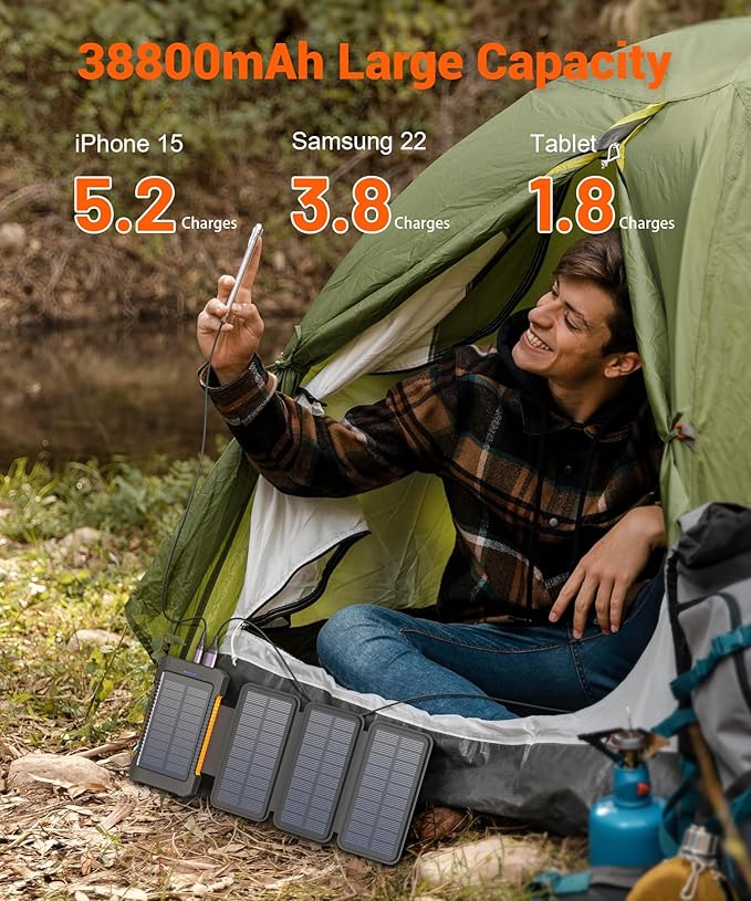 Solar Power Bank 38800mAh with 4 Solar Panels, Portable Charger USB C 18W Fast Charge for iPhone Samsung, IP67 Waterproof Outdoor External Battery Pack with Flashlight Light/SOS/Strobe