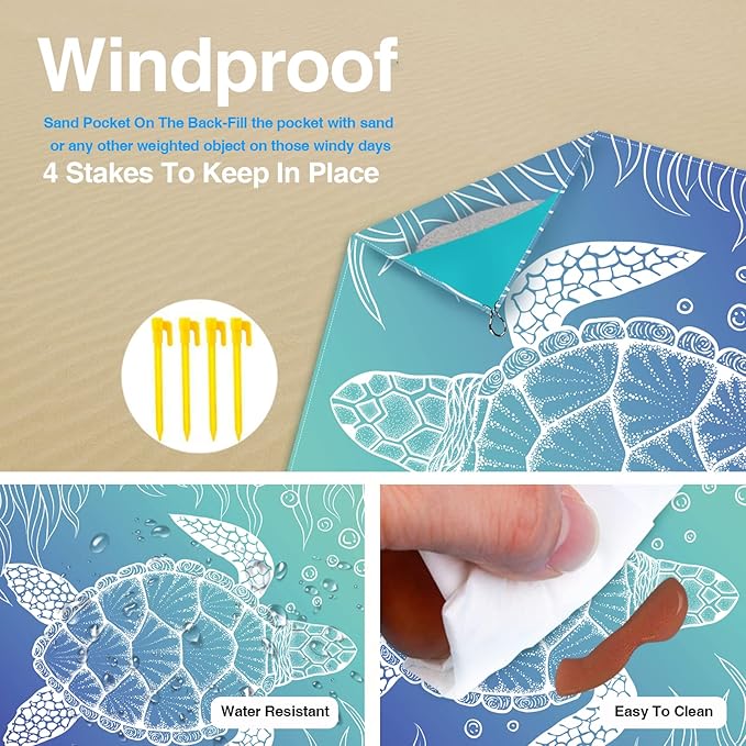 Beach Blanket, Waterproof Sandproof Beach Mat Oversized 79 X 83 Inch for 4-6 Adults, Lightweight Picnic Blanket, Portable Picnic Mat for Outdoor Travel Camping Hiking with 4 Stakes & 4 Corner Pocket