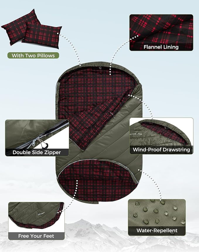 KingCamp Double Sleeping Bag for Adults, Queen Size 2 Person XXL Flannel Sleeping Bag, Waterproof Lightweight Flannel Quilt with 2 Pillows, Perfect for Couples Family Camping Hiking