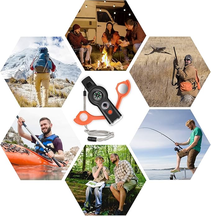 7-in-1 Emergency Survival Function Whistle, Outdoor Multifunctional Tool Safety Whistle with Lanyard, Ideal for Kayaking, Boating, Hiking, Camping, Climbing, Hunting, Fishing, Rescue Signaling