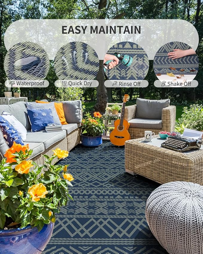 MontVoo Outdoor Rug 8x10 Waterproof Outdoor Patio Rug Mat Reverisble Plastic Straw Outdoor Rug for RV Camping Picnic Beach Balcony Boho Blue Green