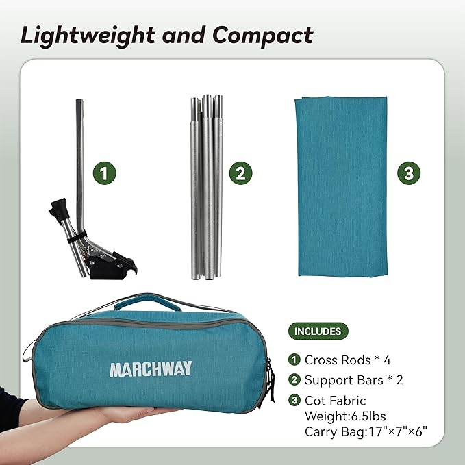 MARCHWAY Lightweight Folding Tent Camping Cot Bed with Lever Lock, Easy Setup Portable Compact for Outdoor Travel, Hunting, Hiking, Motorcycling, Support 330Lbs (Blue)